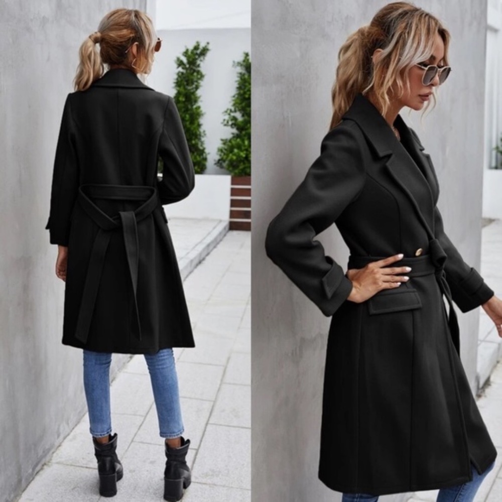 Trench Coat Double Breast Buttons belt pea coat - Picture 8 of 16